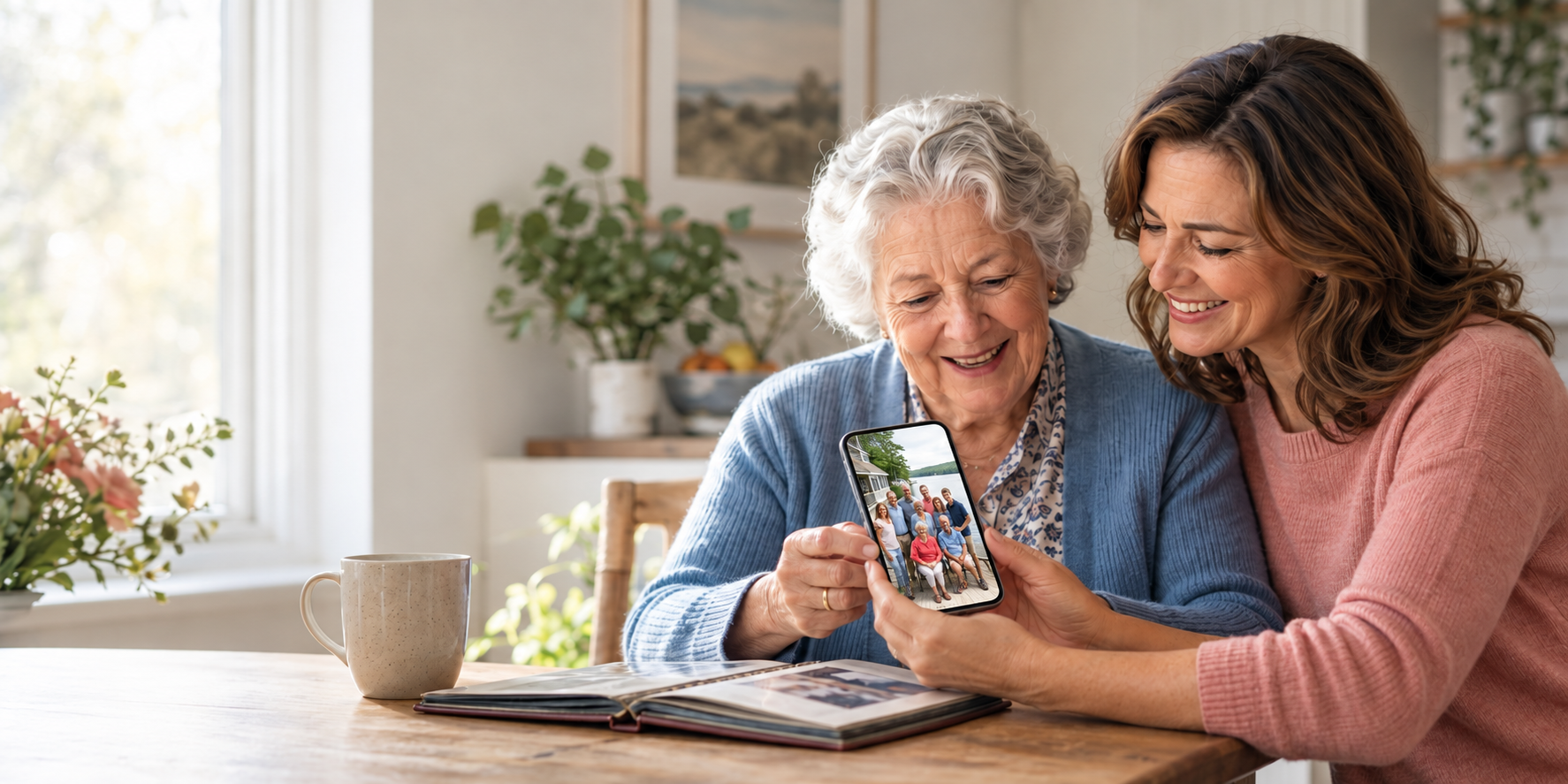 An older woman and her daughter viewing a family photograph on a smartphone at home